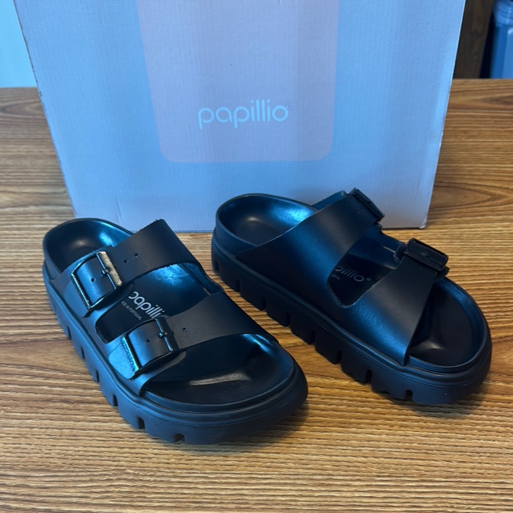Birkenstock Arizona Chunky Papillio Black Platform Sandals with Buckle Straps
